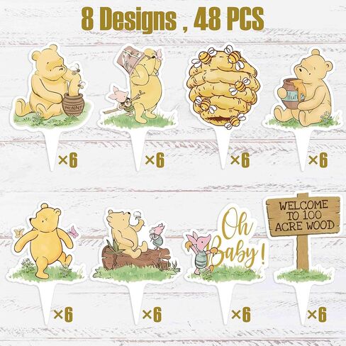 48pcs Classic Winnie Bear Themed Cupcake Toppers, Oh Baby Pooh Balloon Toppers for Baby Shower/First Birthday Party Decorations in Kuwait