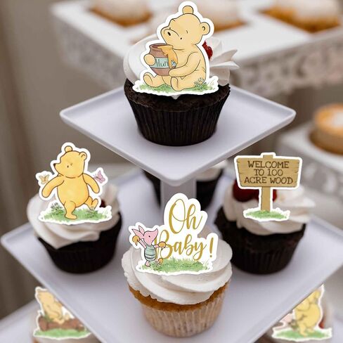 48pcs Classic Winnie Bear Themed Cupcake Toppers, Oh Baby Pooh Balloon Toppers for Baby Shower/First Birthday Party Decorations in Kuwait
