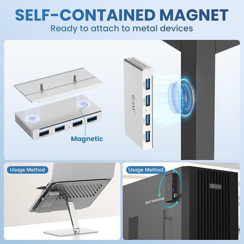 Ejay 4-Port Magnetic USB 3.0 HUB ، نقل البيانات عالية السرعة 5 جيجابت في الثانية ، تشمل 2 حزمة من السكك الحديدية المنزلق ، مسامير ومنصات لزجة لجهاز الكمبيوتر المحمول MacBook in Kuwait