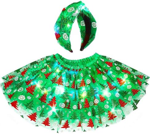 DRESBE Christmas Light Up Headband Skirt LED Xmas Costume Set Glow Hair Accessories Christmas Tree Tutus for Women(2pcs) (Red) in Kuwait