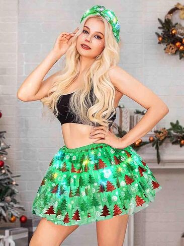 DRESBE Christmas Light Up Headband Skirt LED Xmas Costume Set Glow Hair Accessories Christmas Tree Tutus for Women(2pcs) (Red) in Kuwait