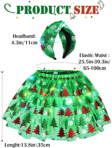 DRESBE Christmas Light Up Headband Skirt LED Xmas Costume Set Glow Hair Accessories Christmas Tree Tutus for Women(2pcs) (Red) in Kuwait