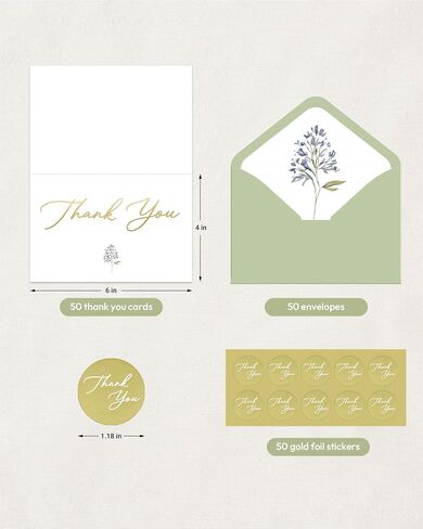 50 Pack Floral Thank You Cards with Envelopes, Bulk Greeting Cards 4x6 Inches, Green Envelopes in Saudi Arabia