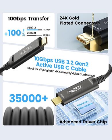 كابل USB C الألياف البصرية الزاوية اليمنى 33 قدمًا ، 10 جيجابت في الثانية بانيشن USB 3.2 كابل Gen2 مع شريحة السيليكوني الألمانية ، مسافة طويلة لرؤية الماكينة ، كاميرا Logitech 4K ، VR/AR ، مؤتمر الفيديو in Kuwait