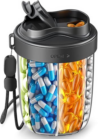 7-Compartment Pill Dispenser & Organizer - Large Supplement Organizer for Travel, Anti-Mixing Design, BPA-Free with Strap & 20 Sticky Labels(Light Blue) in Kuwait