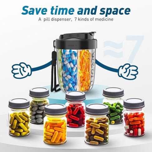7-Compartment Pill Dispenser & Organizer - Large Supplement Organizer for Travel, Anti-Mixing Design, BPA-Free with Strap & 20 Sticky Labels(Light Blue) in Kuwait