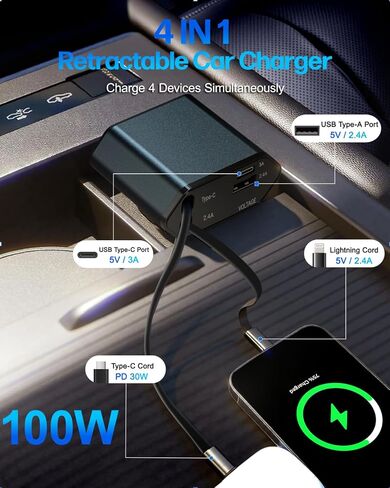 شاحن سيارة قابل للسحب مع ضوء النجوم والروائح العطرية ، 5 في 1 USB C محول شاحن السيارات الشاحن السريع شاحن سيارة شاحن للسيارة الأساسية لشاحن زيت زيت iPhone 16 15 14 13 12 11 و Android in Saudi Arabia