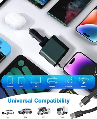 شاحن سيارة قابل للسحب مع ضوء النجوم والروائح العطرية ، 5 في 1 USB C محول شاحن السيارات الشاحن السريع شاحن سيارة شاحن للسيارة الأساسية لشاحن زيت زيت iPhone 16 15 14 13 12 11 و Android in Saudi Arabia