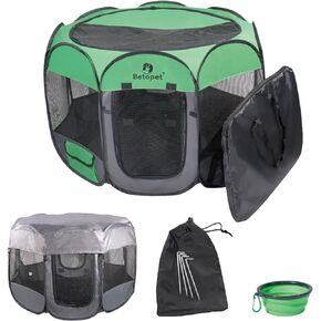 BETOPET Upgraded 29" Portable Foldable Dog Cat Playpen for Indoor/Outdoor (Full Sunshade Cover+4 Tent Stakes+Travel Bowl+Carrying Case), Premium 600D Oxford Pet Play Pen Crates,Kennel,Small