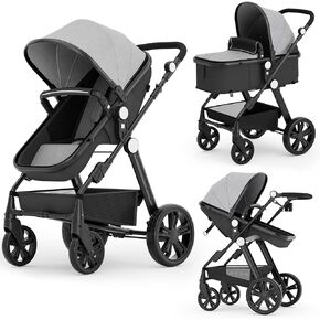 Newborn Infant Baby Bassinet Stroller - Sleeping & Sitting Mode 2 in 1 All Terrain High Landscape Shock Absorption Sunshade Comfortable Baby Toddler Strollers for 0-36 Months Old Babies Gray in Kuwait
