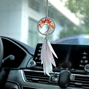 Lora Rossie Dream Catcher Handmade Car Rear View Mirror Pendant White Feather Dream Catchers with Crystal Beads Tree of Life Car Charm Diameter 3.5 Inch (Voilet)