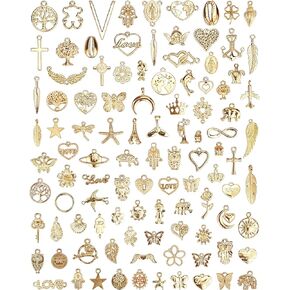 100 Pcs Wholesale Bulk Lots Jewelry Making Charms, Mixed Golden KC Gold Alloy Charms Pendants for Necklace Bracelet Jewelry Making and Crafting supplies