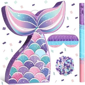 Faccito Mermaid Pinata Party Supplies Mermaid Tail Pinata Bundle with Blindfold Bat Confetti Mermaid Birthday Decorations Pinata for Girls Under the Sea Ocean Theme Party, 16.14'' x 12.40'' x 2.95''