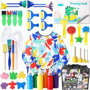 Toddler Painting Set Washable Paint Smock Brushes for Kids Non Toxic Tempera Finger Paints, Brushes, Paint Paper, Sponge, Palette, Smock Supplies for Toddlers Early Learning Drawing Gifts
