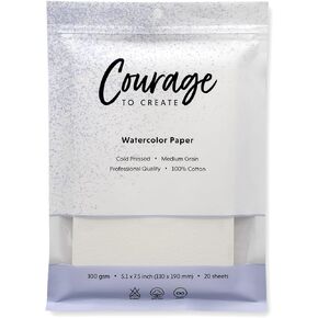Courage to Create Watercolor Paper 100% Cotton, Artists Professional Quality 5x7" 300 GSM Cold Press (20 Sheets)