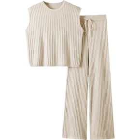 IMCTAH 2 Piece Outfits Sweater Sets Knit Sleeveless Pullover Top High Waisted Pants Tracksuits for Women