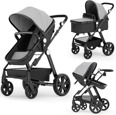 Newborn Infant Baby Bassinet Stroller - Sleeping & Sitting Mode 2 in 1 All Terrain High Landscape Shock Absorption Sunshade Comfortable Baby Toddler Strollers for 0-36 Months Old Babies Gray in Kuwait