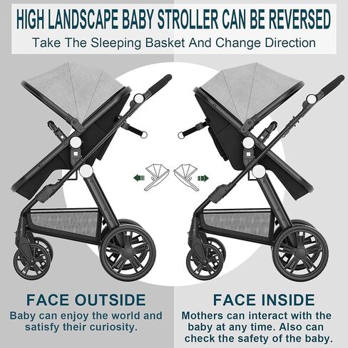 Newborn Infant Baby Bassinet Stroller - Sleeping & Sitting Mode 2 in 1 All Terrain High Landscape Shock Absorption Sunshade Comfortable Baby Toddler Strollers for 0-36 Months Old Babies Gray in Kuwait