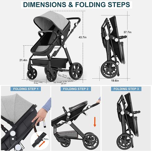 Newborn Infant Baby Bassinet Stroller - Sleeping & Sitting Mode 2 in 1 All Terrain High Landscape Shock Absorption Sunshade Comfortable Baby Toddler Strollers for 0-36 Months Old Babies Gray in Kuwait