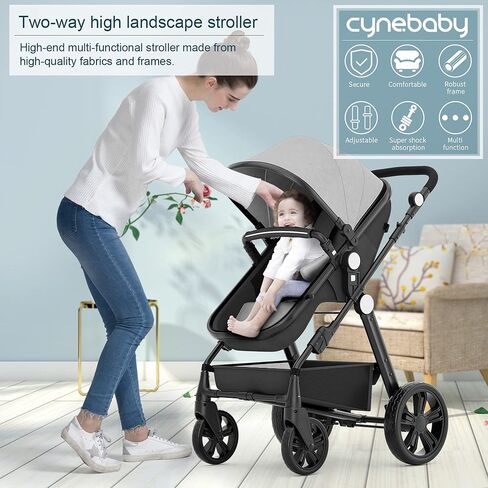Newborn Infant Baby Bassinet Stroller - Sleeping & Sitting Mode 2 in 1 All Terrain High Landscape Shock Absorption Sunshade Comfortable Baby Toddler Strollers for 0-36 Months Old Babies Gray in Kuwait