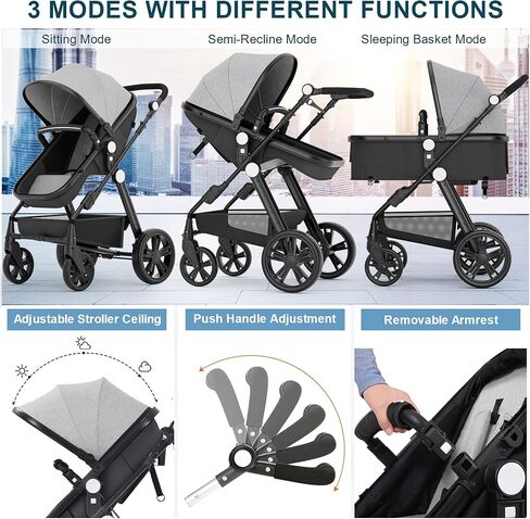 Newborn Infant Baby Bassinet Stroller - Sleeping & Sitting Mode 2 in 1 All Terrain High Landscape Shock Absorption Sunshade Comfortable Baby Toddler Strollers for 0-36 Months Old Babies Gray in Kuwait