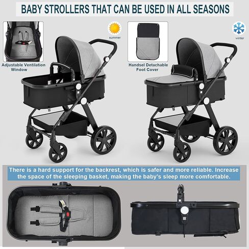 Newborn Infant Baby Bassinet Stroller - Sleeping & Sitting Mode 2 in 1 All Terrain High Landscape Shock Absorption Sunshade Comfortable Baby Toddler Strollers for 0-36 Months Old Babies Gray in Kuwait