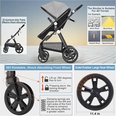 Newborn Infant Baby Bassinet Stroller - Sleeping & Sitting Mode 2 in 1 All Terrain High Landscape Shock Absorption Sunshade Comfortable Baby Toddler Strollers for 0-36 Months Old Babies Gray in Kuwait