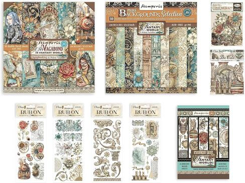 Stamperia International Sir Vagabond Fantasy World Huge Bundle: 12" x 12" Paper Pad + 12" x 12" Backgrounds Paper Pad + Die-Cuts + Ephemera + 4 Packs of Rub-Ons + Washi Pad in Saudi Arabia