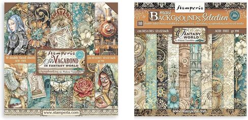 Stamperia International Sir Vagabond Fantasy World Huge Bundle: 12" x 12" Paper Pad + 12" x 12" Backgrounds Paper Pad + Die-Cuts + Ephemera + 4 Packs of Rub-Ons + Washi Pad in Saudi Arabia