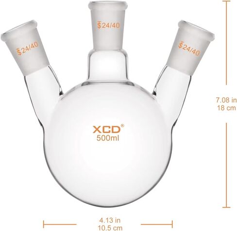 XCD Glass Round Bottom Flask, Heavy Wall Borosilicate Glass Lab Flask 3 Neck Round Bottom Flask RBF with 24/40 Center and Side Standard Taper Outer Joint, 500 ml in Saudi Arabia