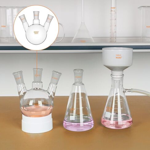 XCD Glass Round Bottom Flask, Heavy Wall Borosilicate Glass Lab Flask 3 Neck Round Bottom Flask RBF with 24/40 Center and Side Standard Taper Outer Joint, 500 ml in Saudi Arabia