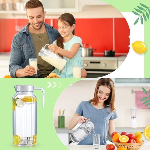 إبريق بلاستيكي مع غطاء، إبريق أكريليك شفاف مقاوم للكسر، حاويات عصير إبريق الشراب مع أغطية للثلاجة، إبريق الشاي المثلج مع مقبض صنبور لحليب الماء، عصير الليمون السانجريا (4 قطع، 51 أونصة) in Kuwait