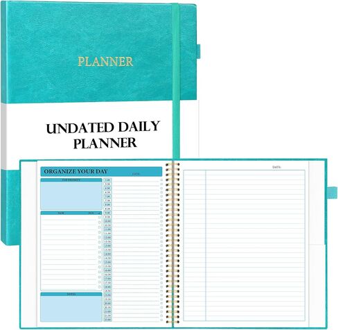 Durable Daily Planner Undated, Ample Writing Space, A4 Large (9.5"x11.4"), Improved PU Leather To Do List Notebook With Hourly Schedule, Spiral Hardcover Work Planner, 200 Pages for 100 Days, Teal in Saudi Arabia