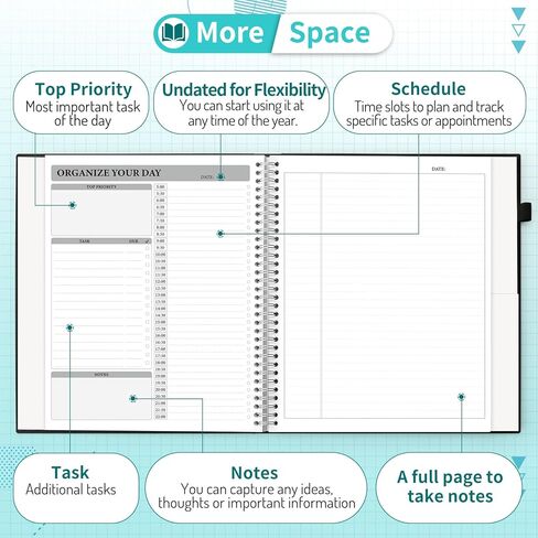 مخطط يومي متين غير مؤرخ، مساحة كتابة واسعة، مقاس A4 كبير (9.5 بوصة × 11.4 بوصة)، دفتر ملاحظات محسن من جلد البولي يوريثان مع جدول كل ساعة، مخطط عمل بغلاف صلب حلزوني، 200 صفحة لمدة 100 يوم، أزرق مخضر in Kuwait