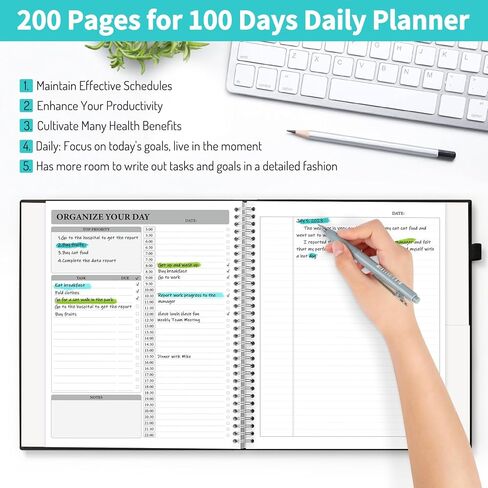 مخطط يومي متين غير مؤرخ، مساحة كتابة واسعة، مقاس A4 كبير (9.5 بوصة × 11.4 بوصة)، دفتر ملاحظات محسن من جلد البولي يوريثان مع جدول كل ساعة، مخطط عمل بغلاف صلب حلزوني، 200 صفحة لمدة 100 يوم، أزرق مخضر in Kuwait