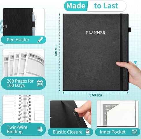 مخطط يومي متين غير مؤرخ، مساحة كتابة واسعة، مقاس A4 كبير (9.5 بوصة × 11.4 بوصة)، دفتر ملاحظات محسن من جلد البولي يوريثان مع جدول كل ساعة، مخطط عمل بغلاف صلب حلزوني، 200 صفحة لمدة 100 يوم، أزرق مخضر in Kuwait