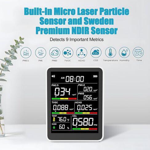 جهاز مراقبة جودة الهواء الداخلي الاحترافي 9 في 1، جهاز مراقبة جودة الهواء الداخلي المحمول PM2.5/PM10/CO2، ودرجة الحرارة، وكاشف الفورمالديهايد، والرطوبة TVOC، وعرض الوقت، واختبار جودة الهواء - جهاز مراقبة الهواء النظيف في الأماكن الضيقة in Kuwait