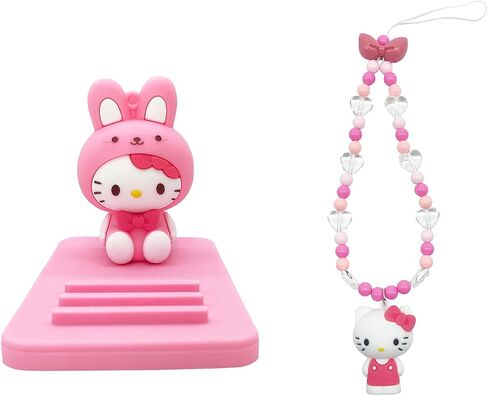 Fa-Doara Cute Kitty Phone Stand for Desk and Beaded Wrist Strap for Girls, Cell Phone Holder Desktop Compatible with All Mobile Phones, Phone Accessories Mobile Phone Dock in Saudi Arabia
