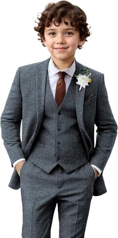 بدلة صبي تويد 3 قطع من herringbone نحيف الملاءمة الأنيقة الأنيقة سروال سراويل الزفاف عودة ملابس العودة للوطن in Kuwait