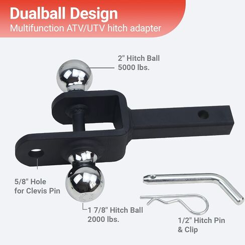 3-in-1 ATV/UTV Trailer Hitch with 2-Inch Receiver Tube, Multi-Purpose Tow Adapter, 1-7/8-Inch & 2-Inch Dual Ball Mount, Includes Pin & Clip, Fits 5/8-Inch Clevis Pin, Matte Black in Kuwait
