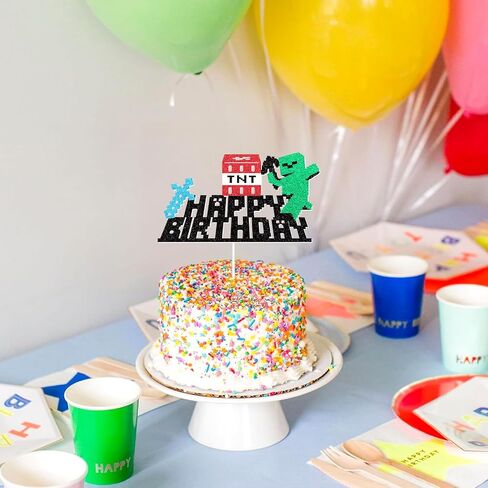 Pixel Miner Happy 10th Birthday Cake Topper - Glitter Mining Video Game Craft Cake Picks Kids Happy Birthday Party Supplies Cake Decorations for 10 Years Old Boys Girls in Kuwait