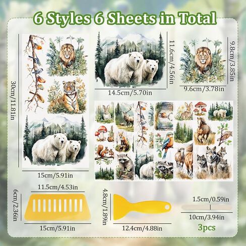 WANDIC 6PCS Rub On Transfer Stickers, Luminous Forest Animals Transfer Decals Waterproof Sticker for Furniture and Scrapbooking,15 * 30cm in Saudi Arabia
