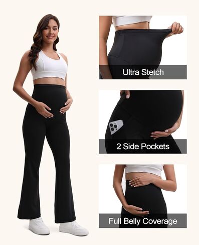 Womens Maternity Flare Leggings with Pockets, Buttery Soft Pregnency Workout Yoga Pants in Saudi Arabia