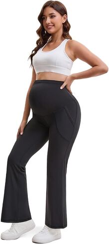 Womens Maternity Flare Leggings with Pockets, Buttery Soft Pregnency Workout Yoga Pants in Saudi Arabia