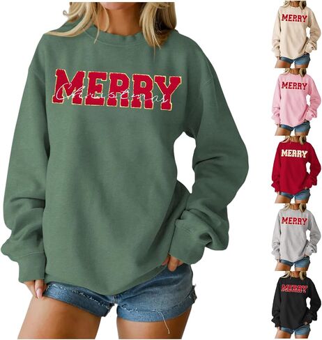 Merry Sweatshirts for Women Letter Printed Crewneck Xmas Sweatshirt Long Sleeve Pullover Top Christmas Sweatshirts in Saudi Arabia