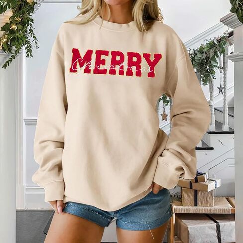 Merry Sweatshirts for Women Letter Printed Crewneck Xmas Sweatshirt Long Sleeve Pullover Top Christmas Sweatshirts in Saudi Arabia