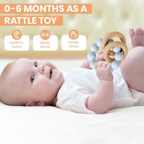 Socub Baby Teething Toys for 0-6 6-12 Months- BPA-Free Food-Grade Silicone & Natural Beech Wood Teether Ring for Newborn Infants Teething Relief- Easy-Grip Sensory Rattle Toys(Shifting Sand) in Saudi Arabia