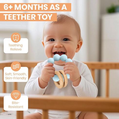 Socub Baby Teething Toys for 0-6 6-12 Months- BPA-Free Food-Grade Silicone & Natural Beech Wood Teether Ring for Newborn Infants Teething Relief- Easy-Grip Sensory Rattle Toys(Shifting Sand) in Saudi Arabia