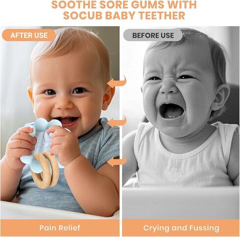 Socub Baby Teething Toys for 0-6 6-12 Months- BPA-Free Food-Grade Silicone & Natural Beech Wood Teether Ring for Newborn Infants Teething Relief- Easy-Grip Sensory Rattle Toys(Shifting Sand) in Saudi Arabia