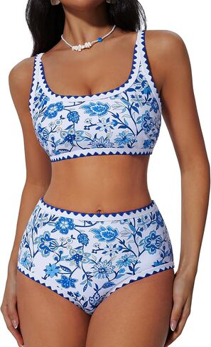 SUUKSESS Women High Waisted Bikini Set Floral Print Color Block 2 Piece Swimsuit in Saudi Arabia